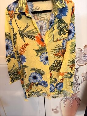 Yellow Floral Button-Down Shirt with Blue & Orange Blooms